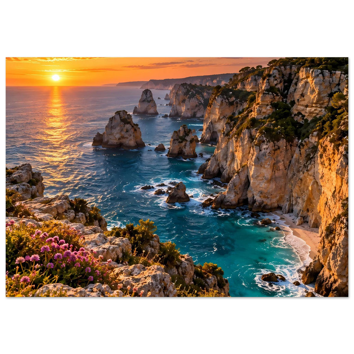 Horizontales Küstenposter mit Felsküste, türkisfarbenem Meer, Sonnenuntergang und Blumen.