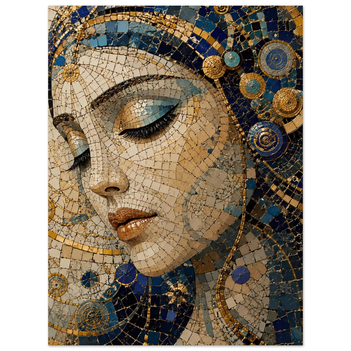 Poster mit Mosaik-Porträt einer Frau, blau-goldene Mosaikoptik, rundes Schmuckornament