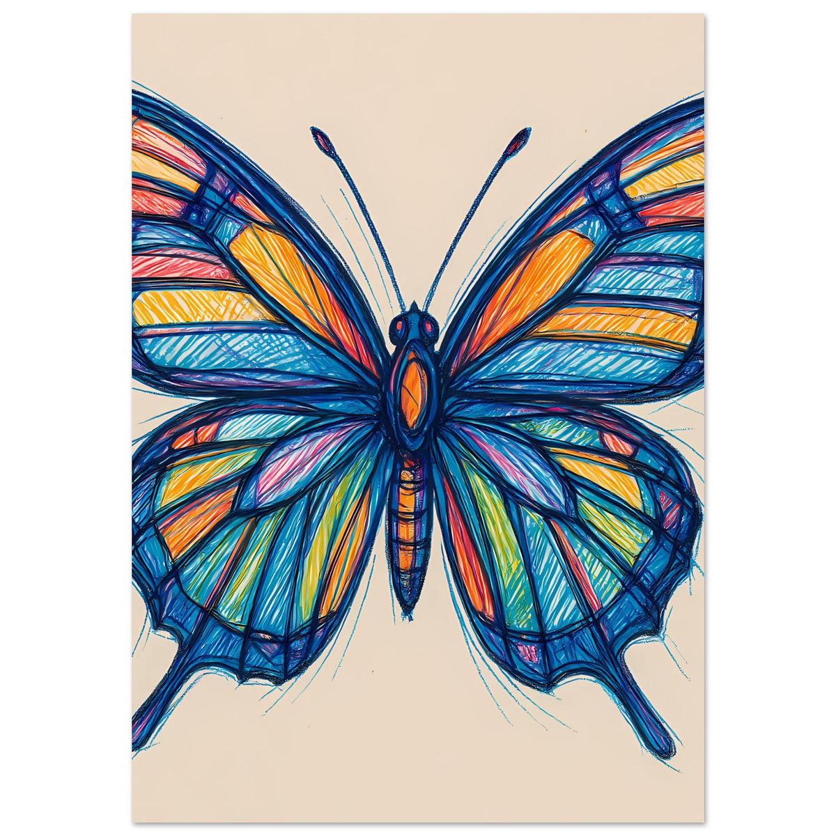 Kunstposter im Hochformat mit blauem Schmetterling, kräftige Farben auf den Flügeln