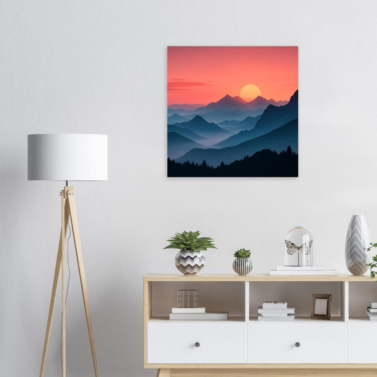 Landschaftsposter: blaues Gebirge mit Sonnenuntergang im rosa Himmel (quadratisch)