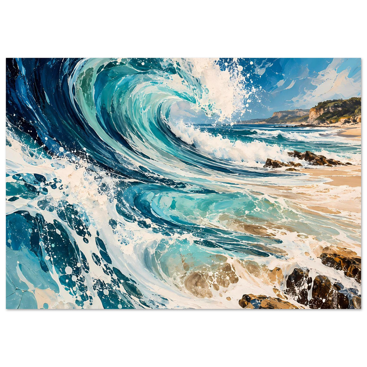 Ozean-Wellenposter mit starker Welle in Blau, weißer Gischt und Felskante rechts
