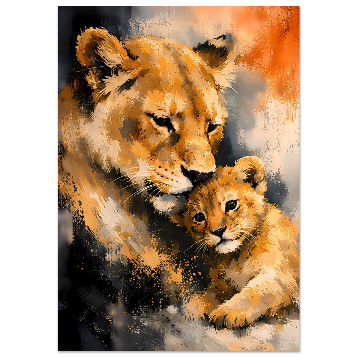 Löwin-Jungtier Poster im Hochformat, warmes Orange- und Brauntöne