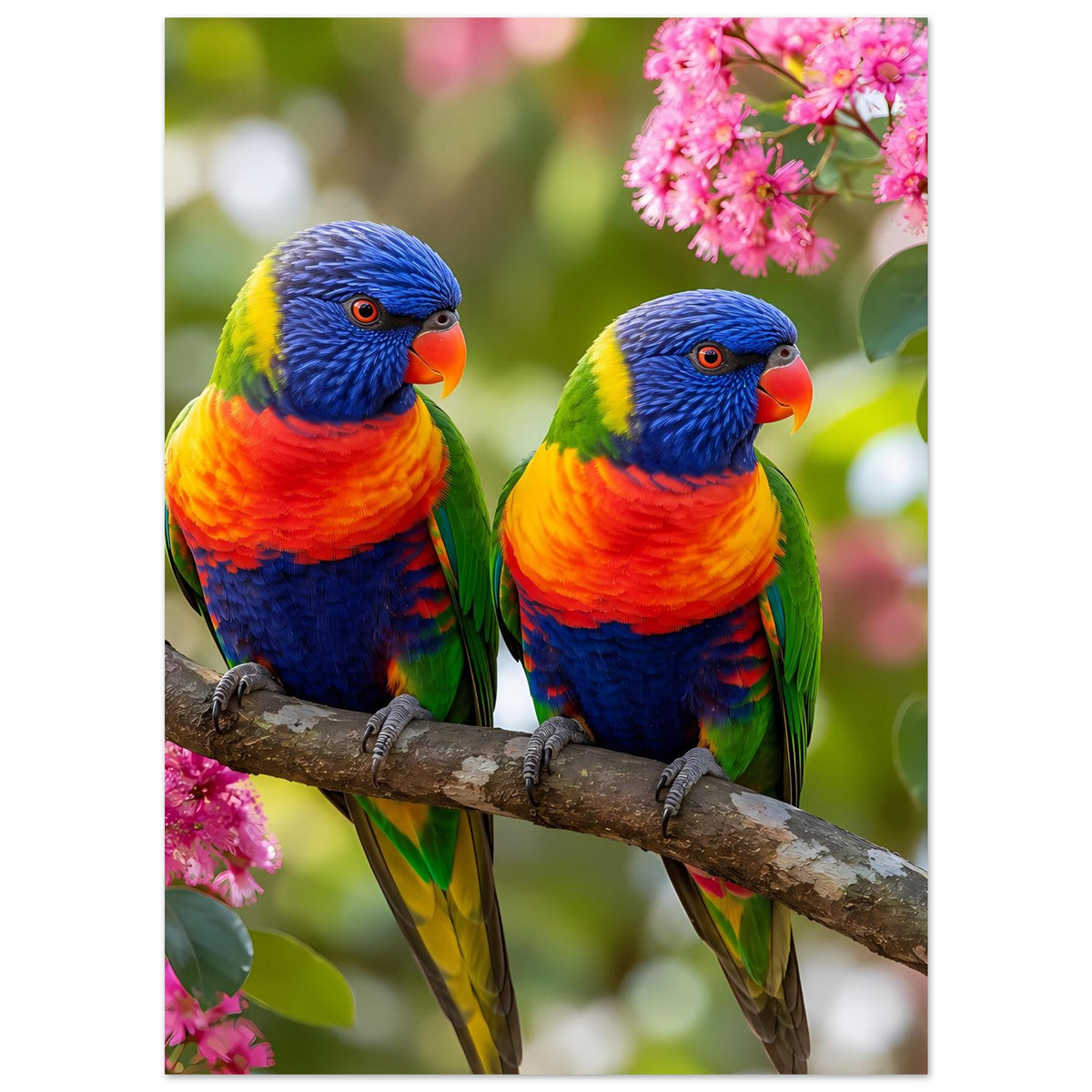 Poster: zwei Regenbogen-Lorikeets auf Ast, rosa Blüten links, mit klar erkennbaren Details