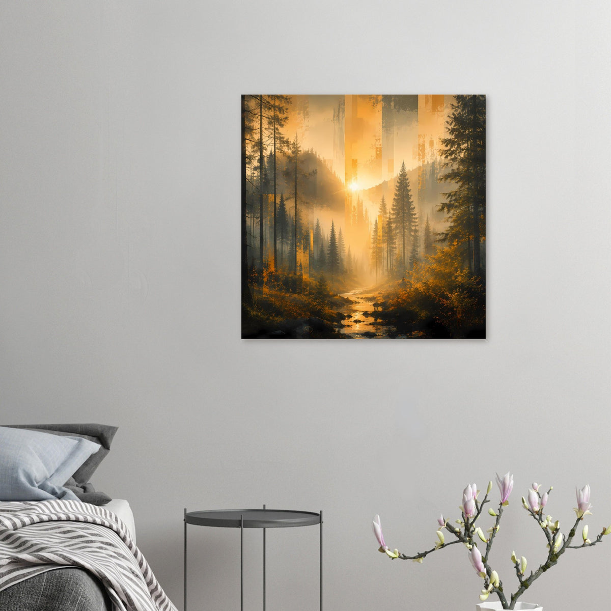 Kleines Poster mit Wald und Bach im Sonnenaufgang, Tannen, Nebel und warmes Licht