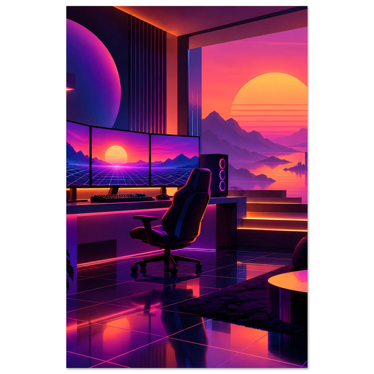 Vertikales Retro-Poster: futuristische Sitzecke mit Sonnen am Horizont und Lichtsäumen
