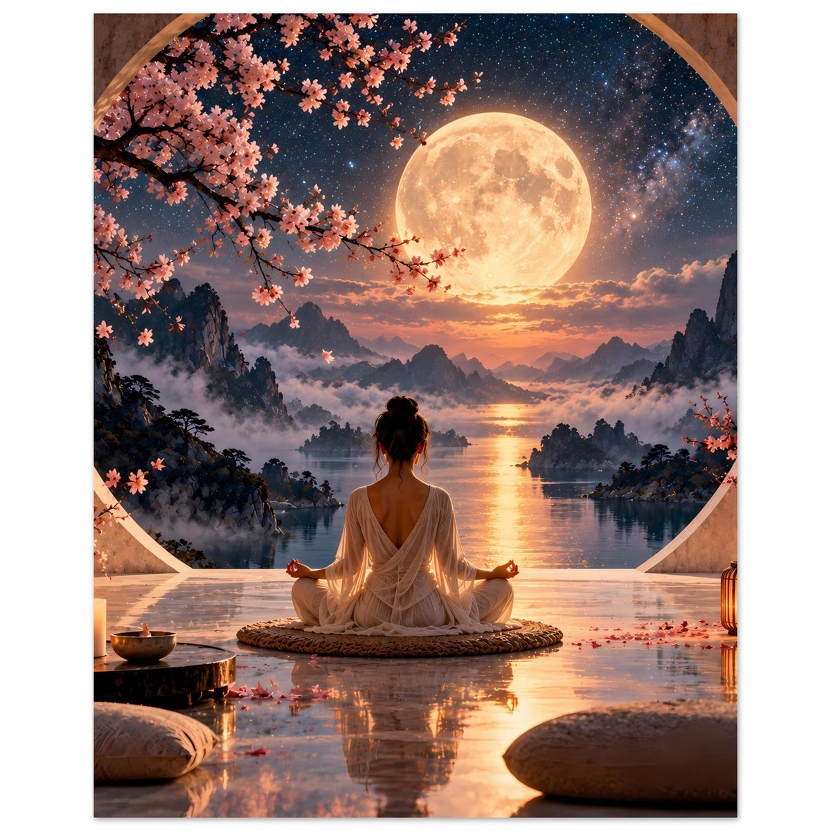 Meditationsposter mit Person im Lotussitz, Vollmondhimmel und pinken Kirschblüten am Rand