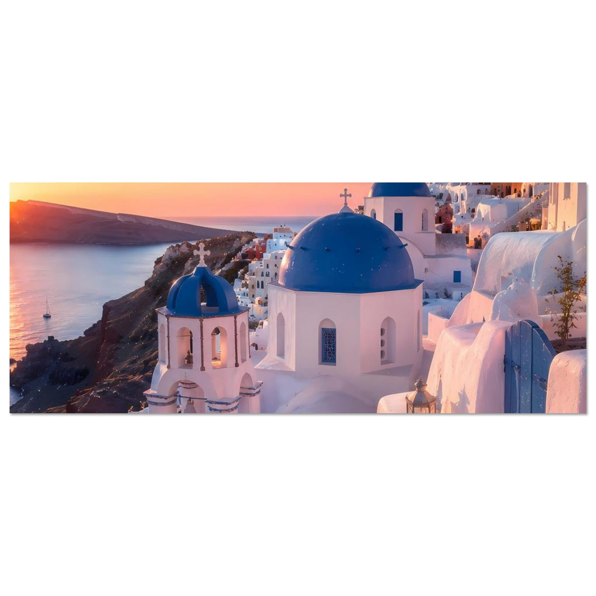 Horizontales Poster mit blauer Kuppelkirche, weißen Gassen, Sonnenuntergang am Meer