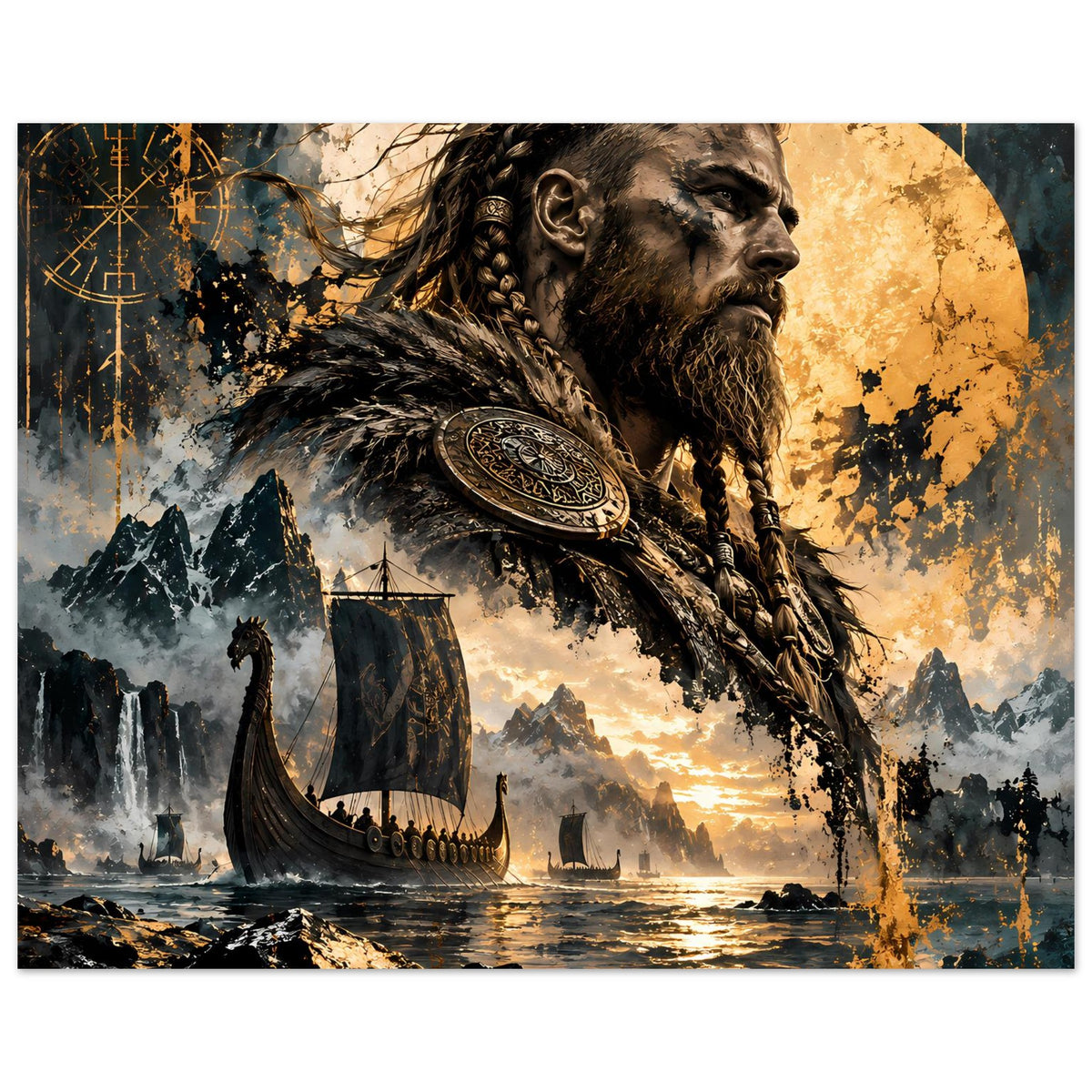 Poster: Viking-Krieger im Profil mit Schild, Langboot im Vordergrund, goldenes Himmellicht