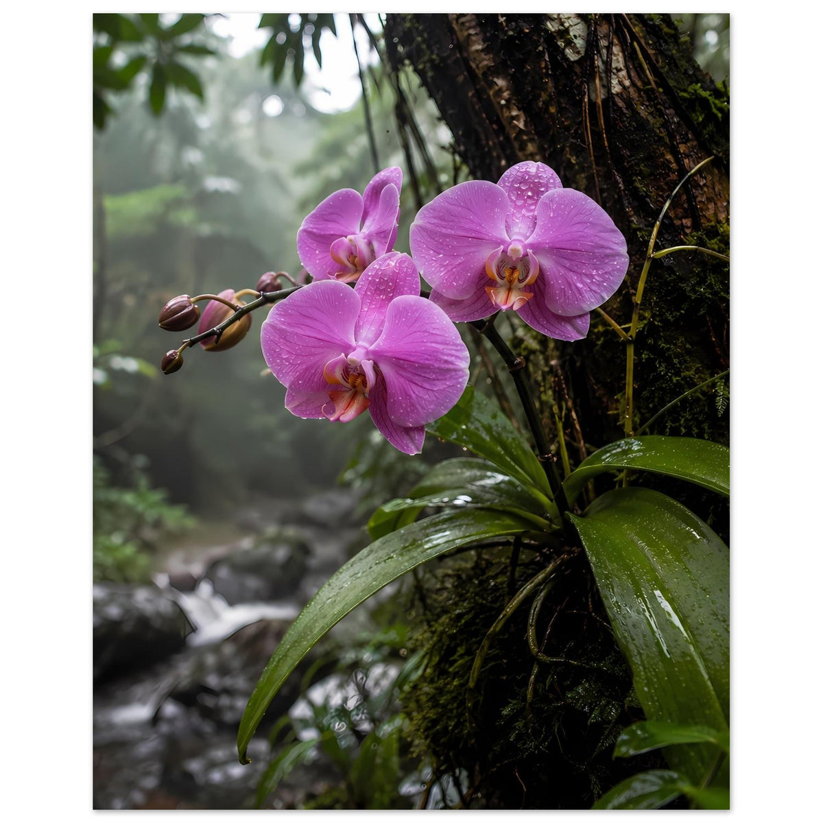Orchideen-Poster: drei rosafarbene Phalaenopsisblüten mit Pollen, Knospenzweig und grünen Blättern