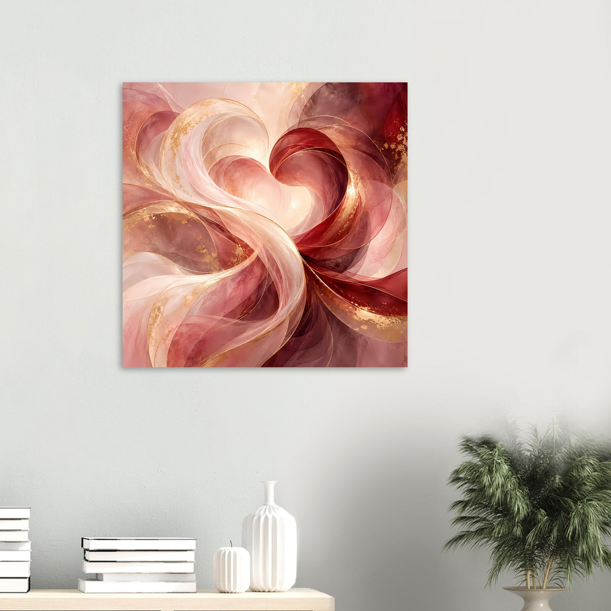 Herzposter in quadratischem Format mit Spiralen in Rot, Creme und Goldglanzlinien