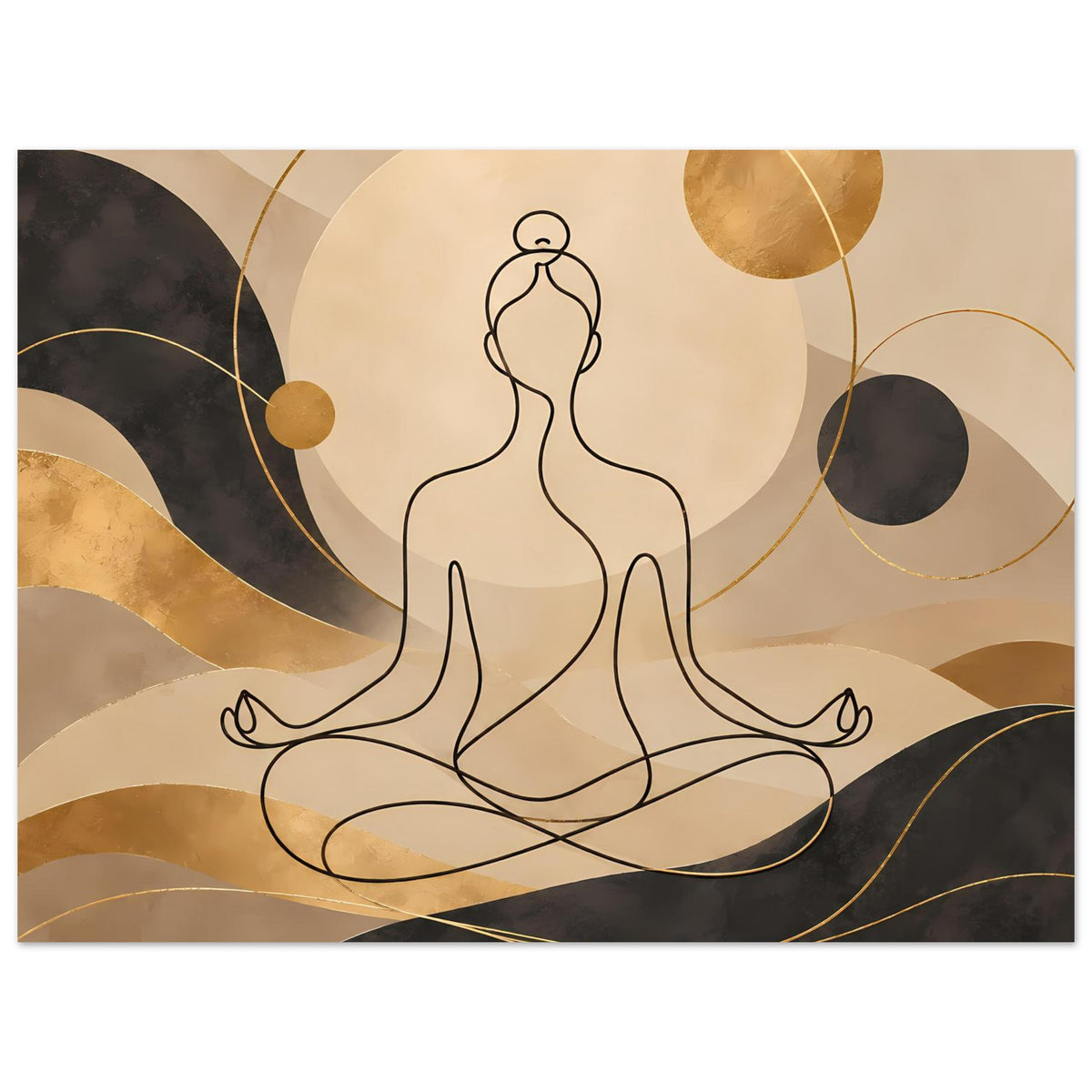 Rechteckiger Yoga-Kunstdruck: meditierende Silhouette, Goldkreise und schwarze Farbakzente