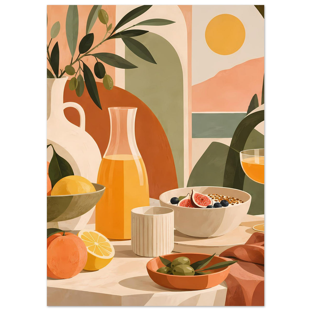Stillleben-Poster mit Vase, Obst, Schalen mit Oliven und Wein im Glas, mediterranes Boho-Motiv