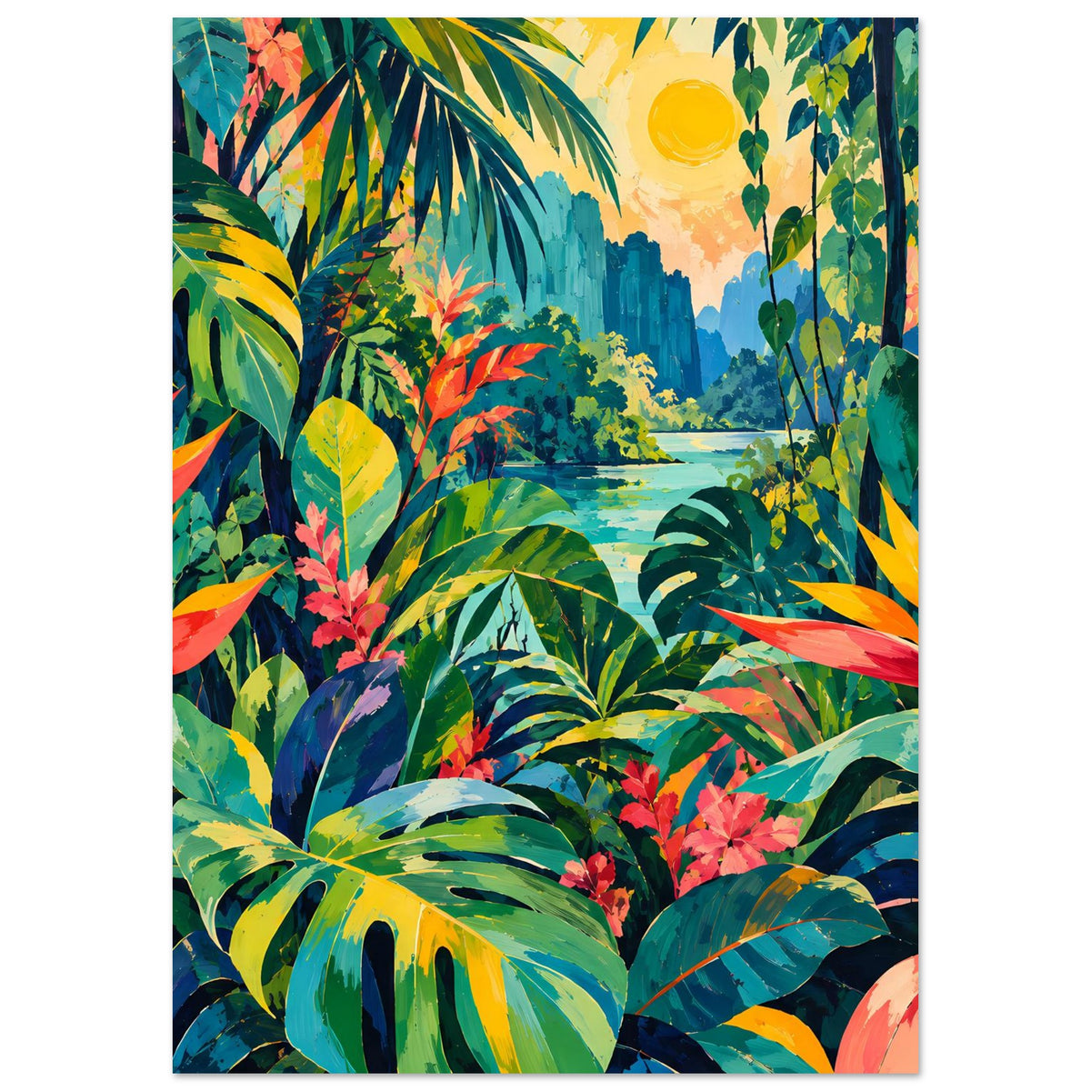 Poster mit tropischem Jungle-Motiv: bunte Blätter, Sonne am Himmel, gerahmt, von vorne