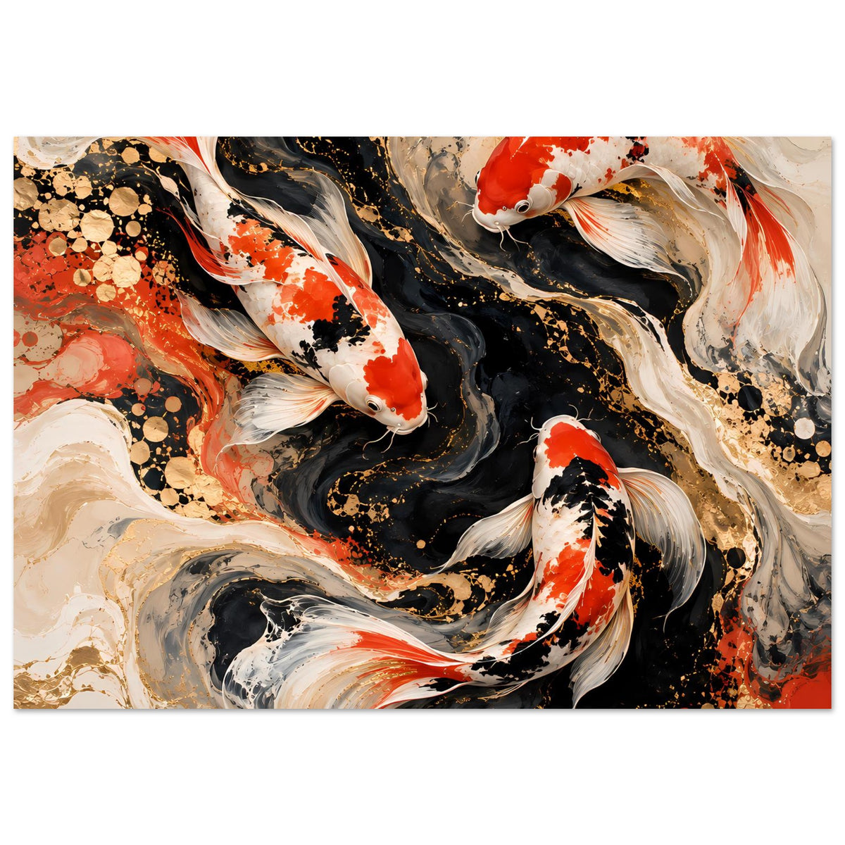 Kunstposter mit Koi-Fischen, schwarz-rote Farbwirbel und goldene Punkte am Bildrand