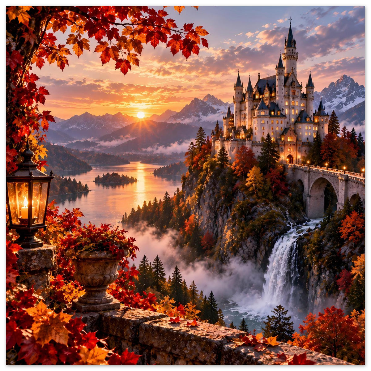 Vertikales Poster mit beleuchtetem Schloss, Wasserfall und Herbstlaub im Vordergrund, matt