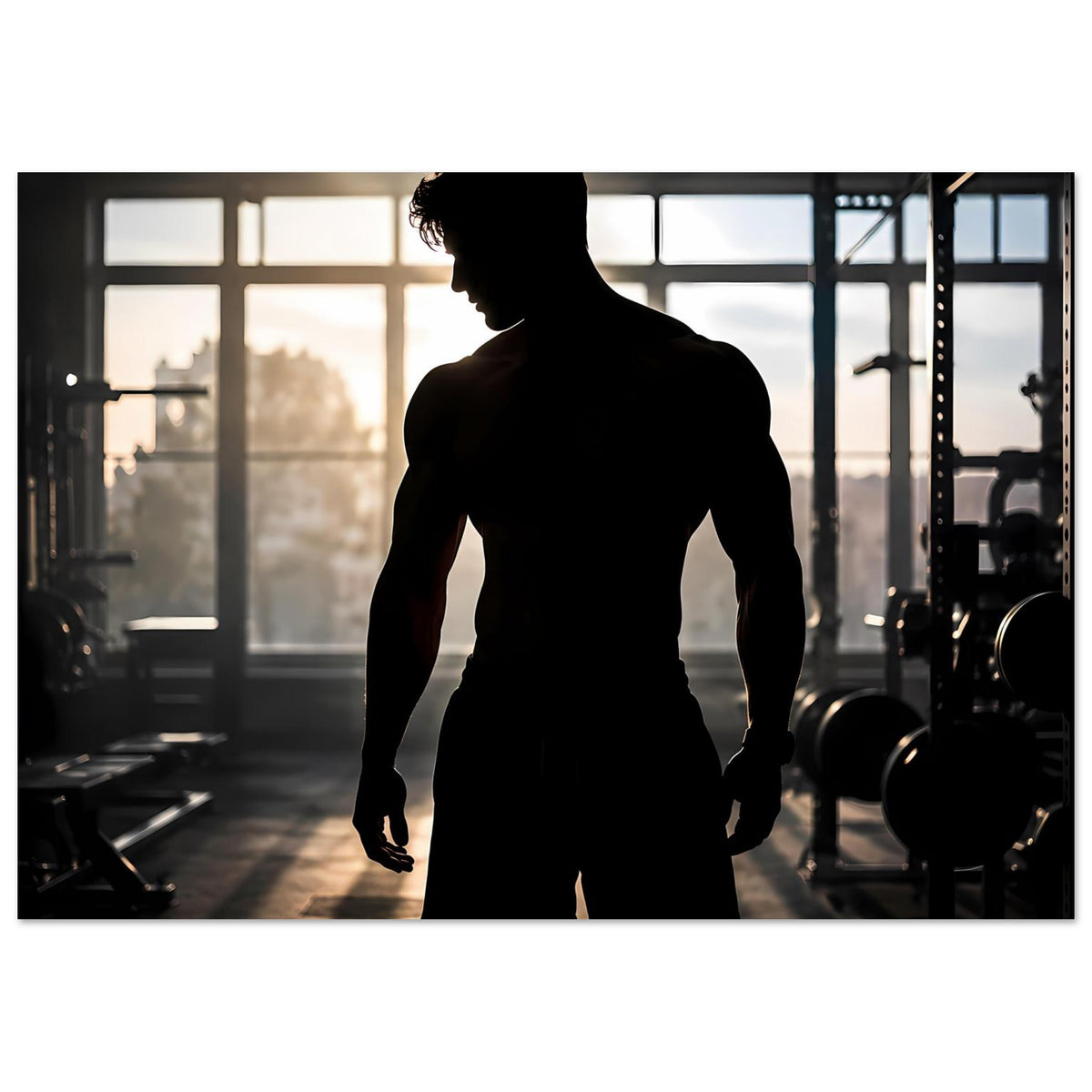 Fitness-Poster mit männlicher Silhouette, Ganzkörperansicht im dunklen Stil