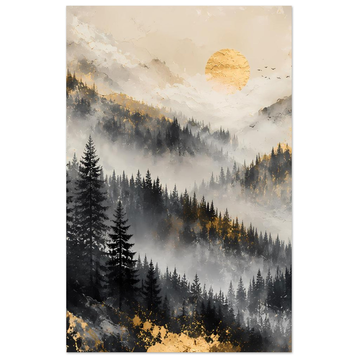 Vertikales Landschaftsposter mit Bergtal, Tannenreihen, Nebel und goldenem Mond