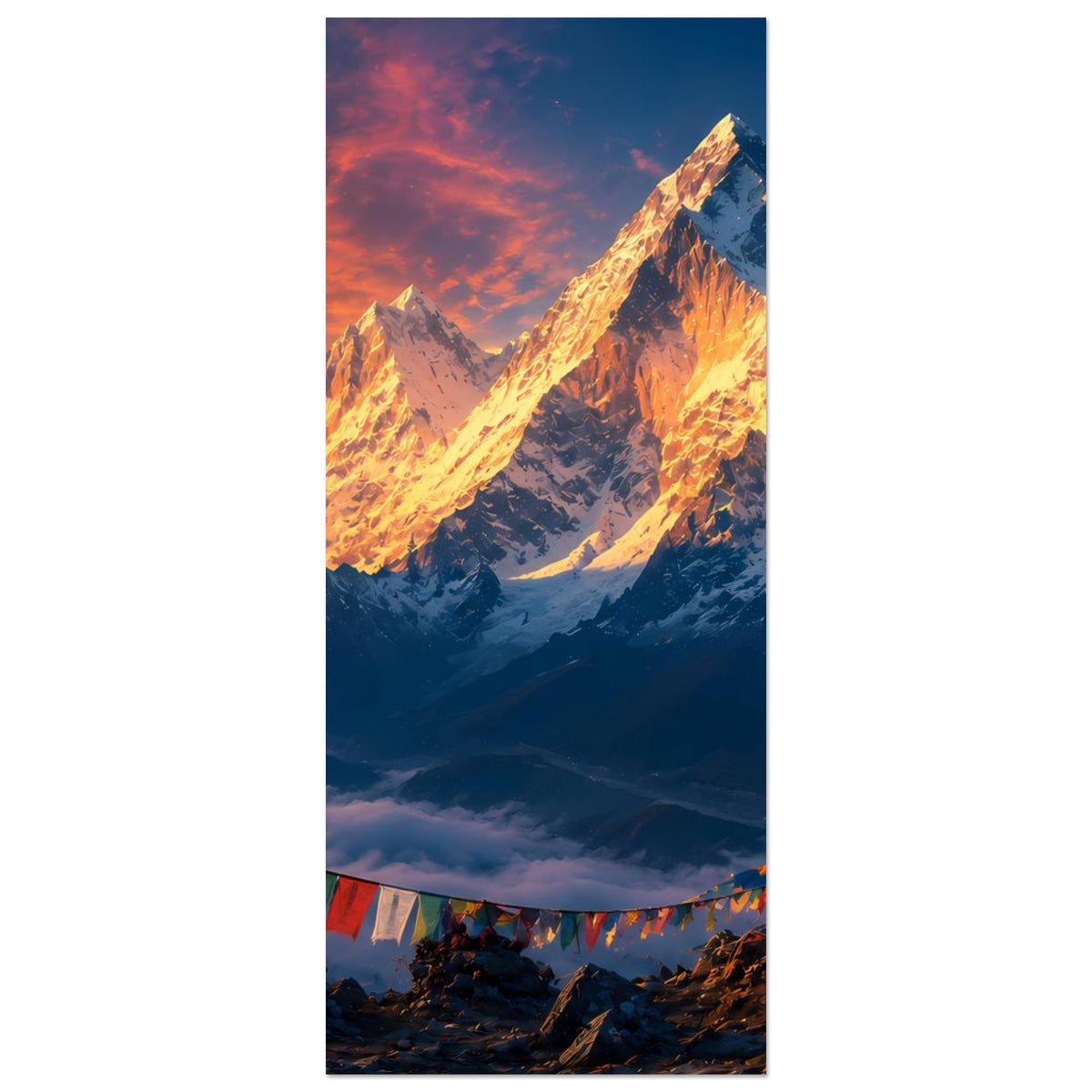 Poster (hochkant) mit Himalaya-Sonnenaufgang: leuchtende Gipfel, orange Himmel, Wimpelband unten