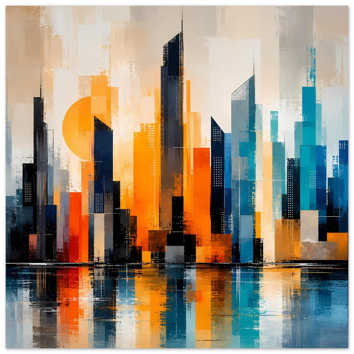 Stadtposter mit abstrakter Skyline in Orange und Türkis, horizontal, klarer Vordergrund