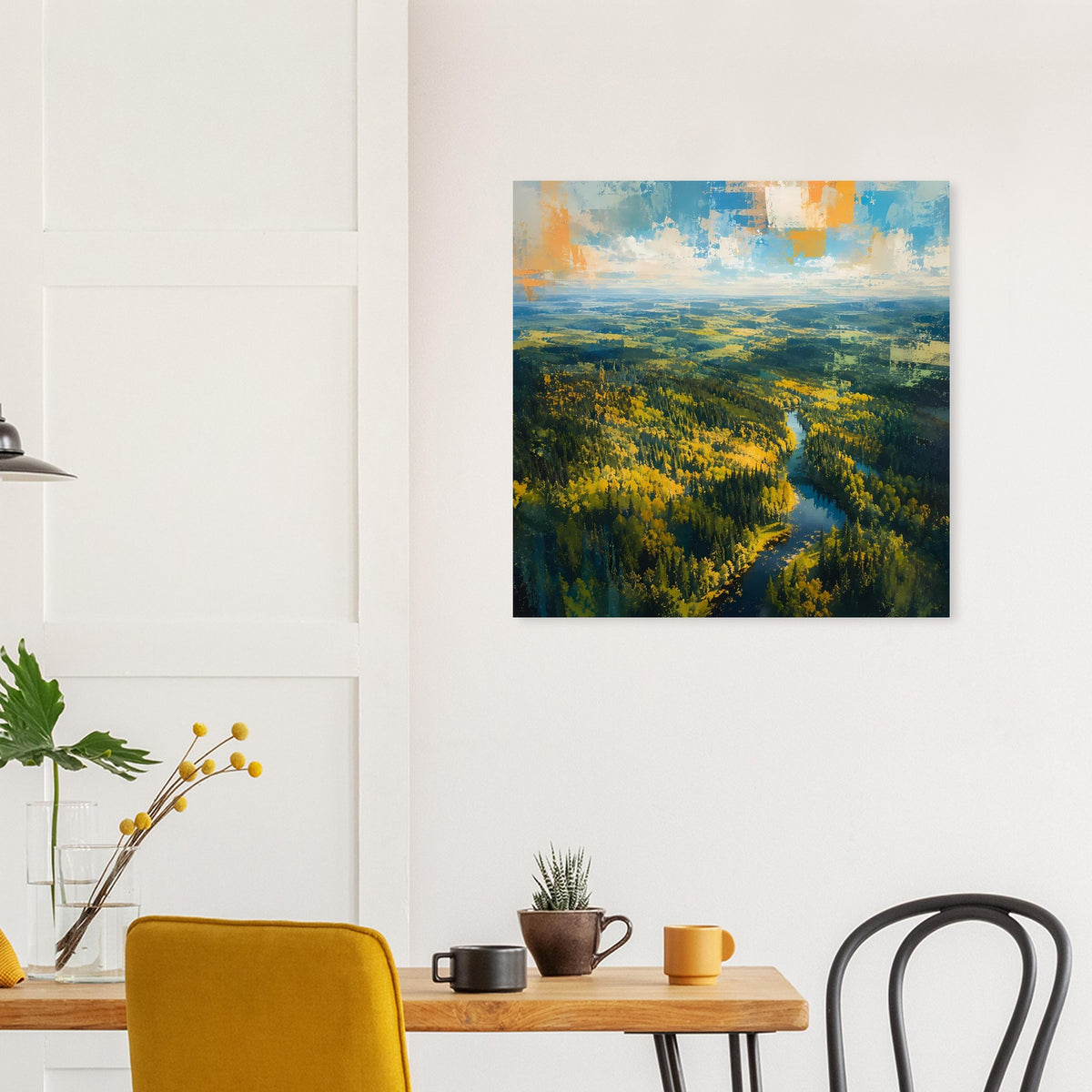 Quadratisches Poster mit Herbstwald und Fluss durch Wälder