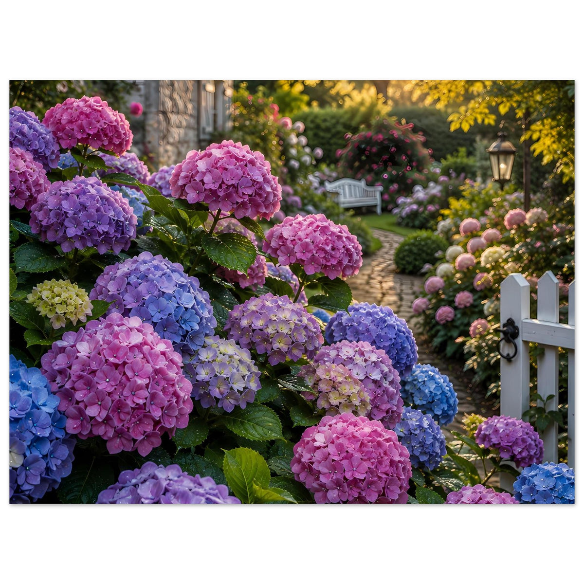 Gartenposter mit Hortensienblüten und weißem Holzgeländer