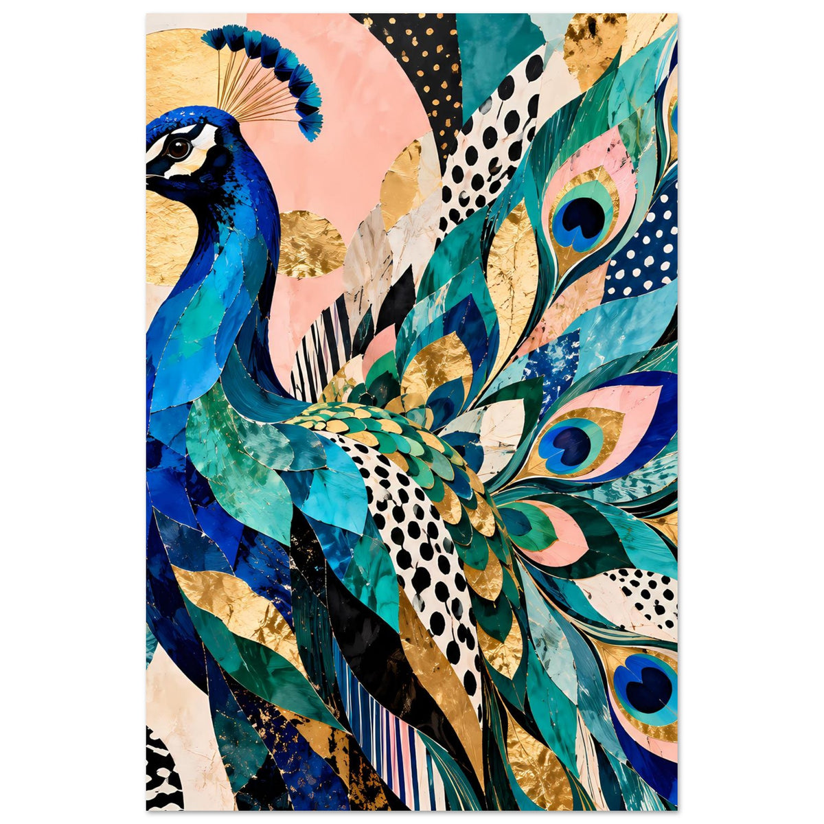 Pfau-Kunstposter mit blauem Gefieder, türkisen Federn und goldenen Akzenten