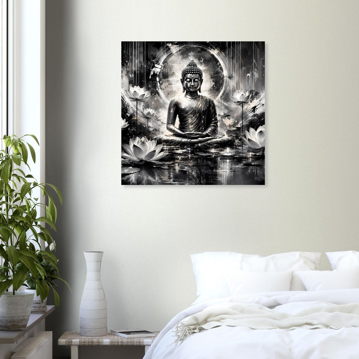 Kunstposter mit Buddha im Meditationssitz, schwarz-weiß, Lotusfront und kreisförmige Aura