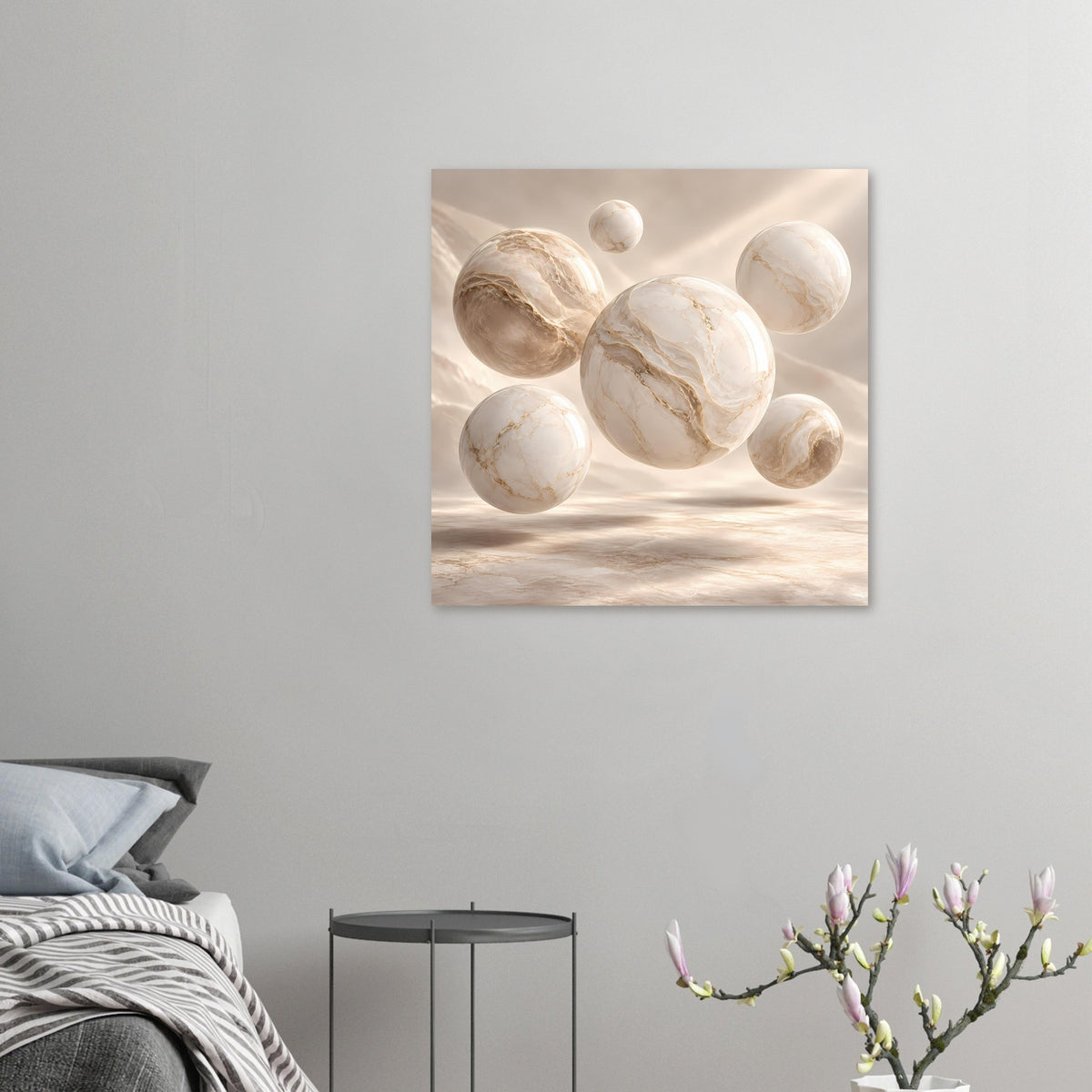 Kleines Poster mit marmorierten Kugeln, creme-beige Farben, horizontale Szene