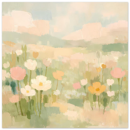 Poster mit warmer Hügellandschaft und blühenden Pastellblumen im Blumenbeet