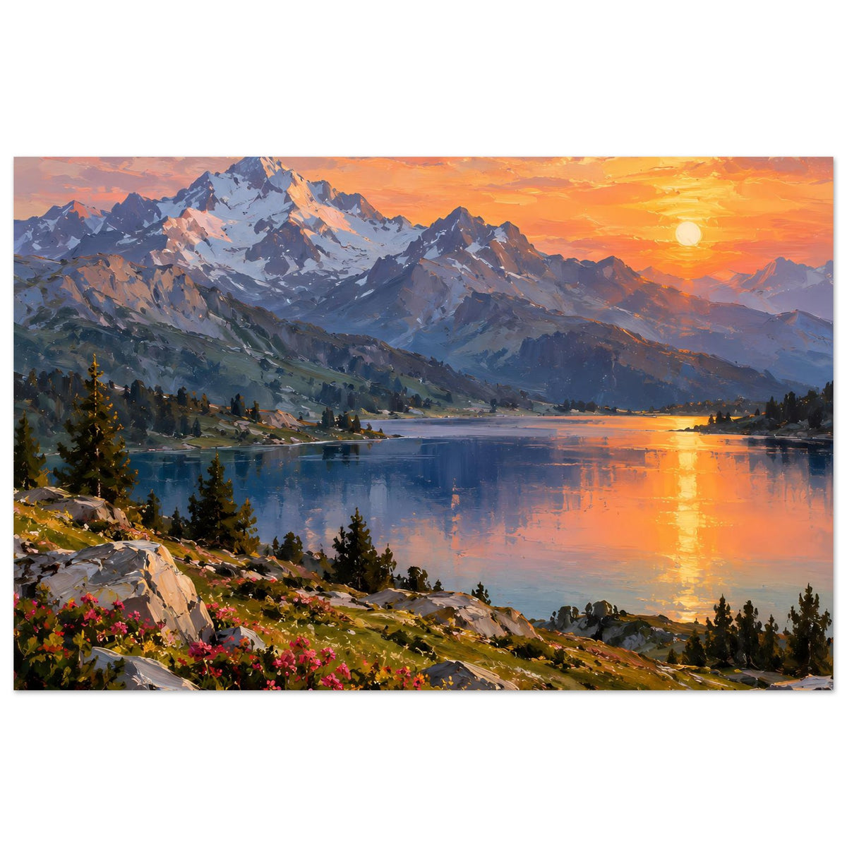 Wandposter mit Landschaftsmotiv: Berge, See und Sonnenuntergang am Ufer, horizontal.