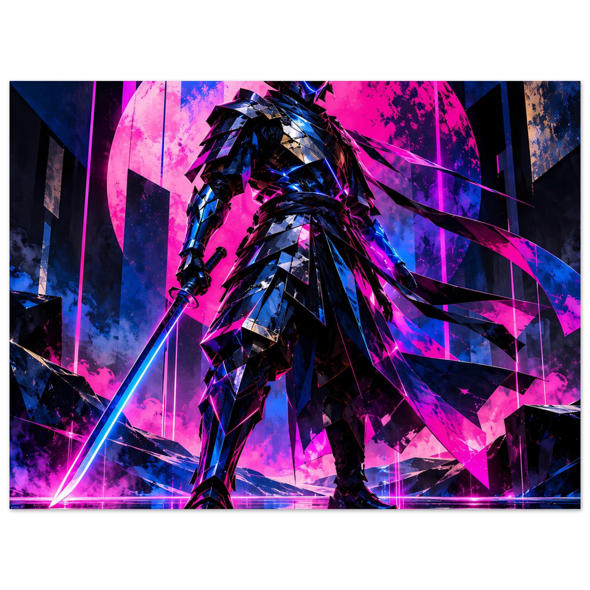 Poster Querformat: Samurai-Krieger mit technoiden Schulterteilen, Neon-Pink und Blau