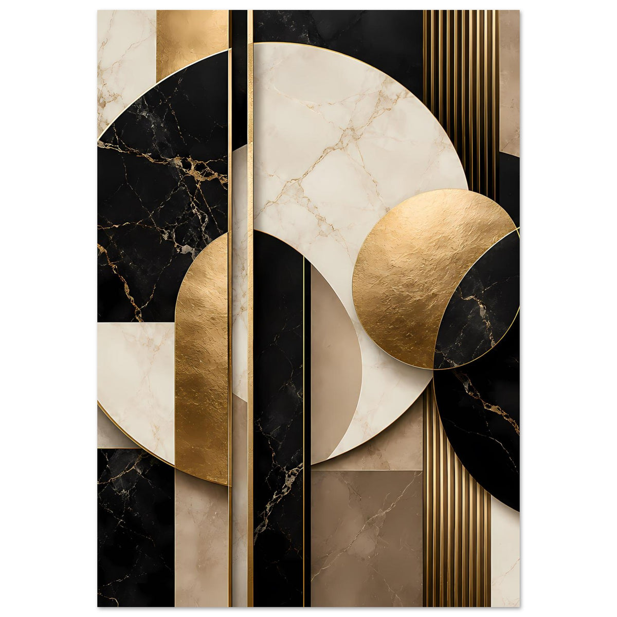 Geometrisches Marmor-Poster Hochformat: goldene Kreisfläche, schwarze Marmormuster, klare Segmente