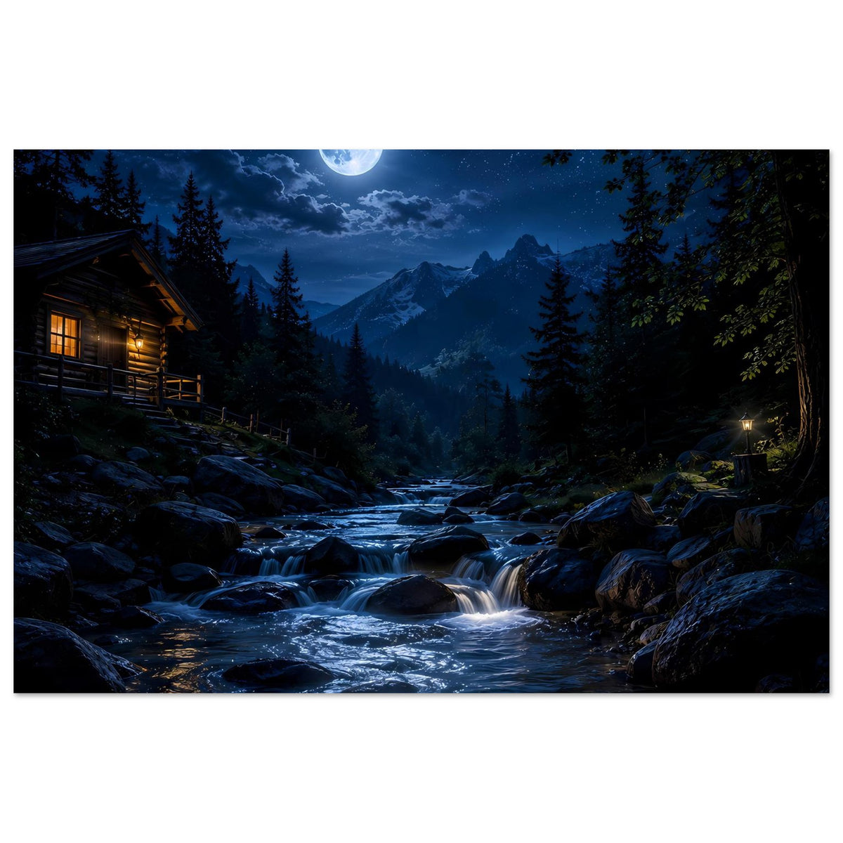 Poster: nächtlicher Bergbach mit Wasserstrahlen über Steinen, Mond am Himmel, Tannen