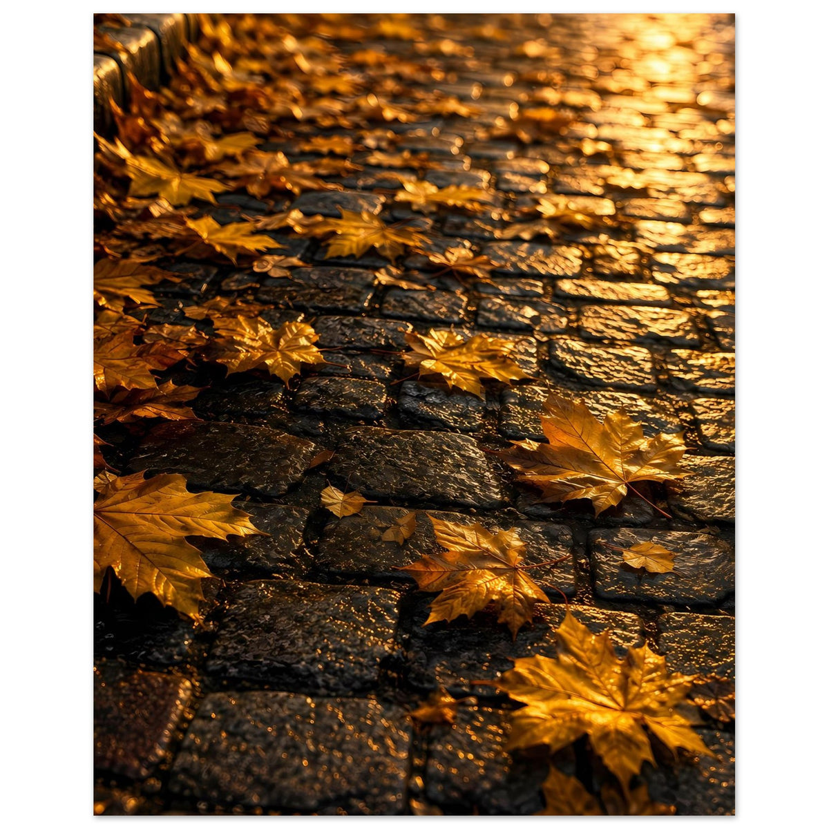 Herbstposter mit goldenen Blättern und dunkler Steinmauer, warm beleuchtet