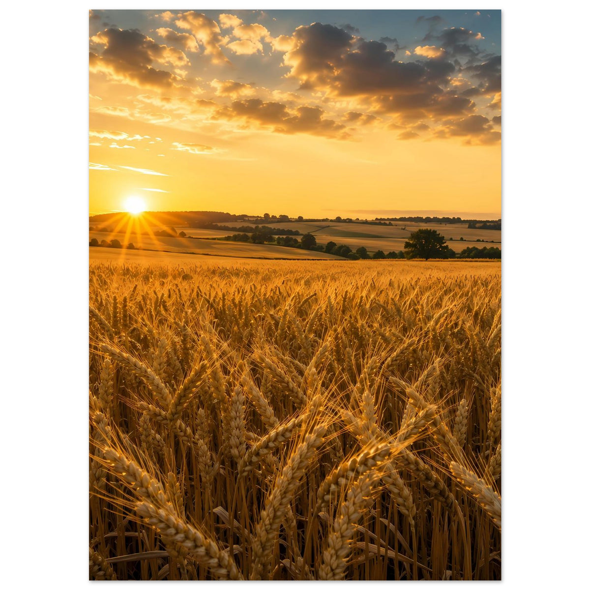 Poster im Hochformat mit Weizenähren, Sonnenstrahlen und bewölktem Abendhimmel