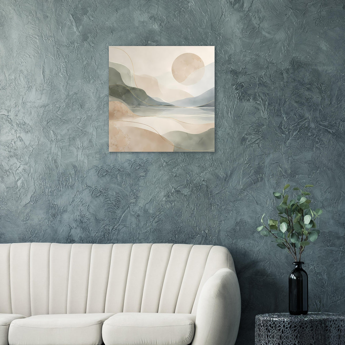 Quadratisches Poster mit abstrakter Berg- und Seenlandschaft in Beige, goldene Linien
