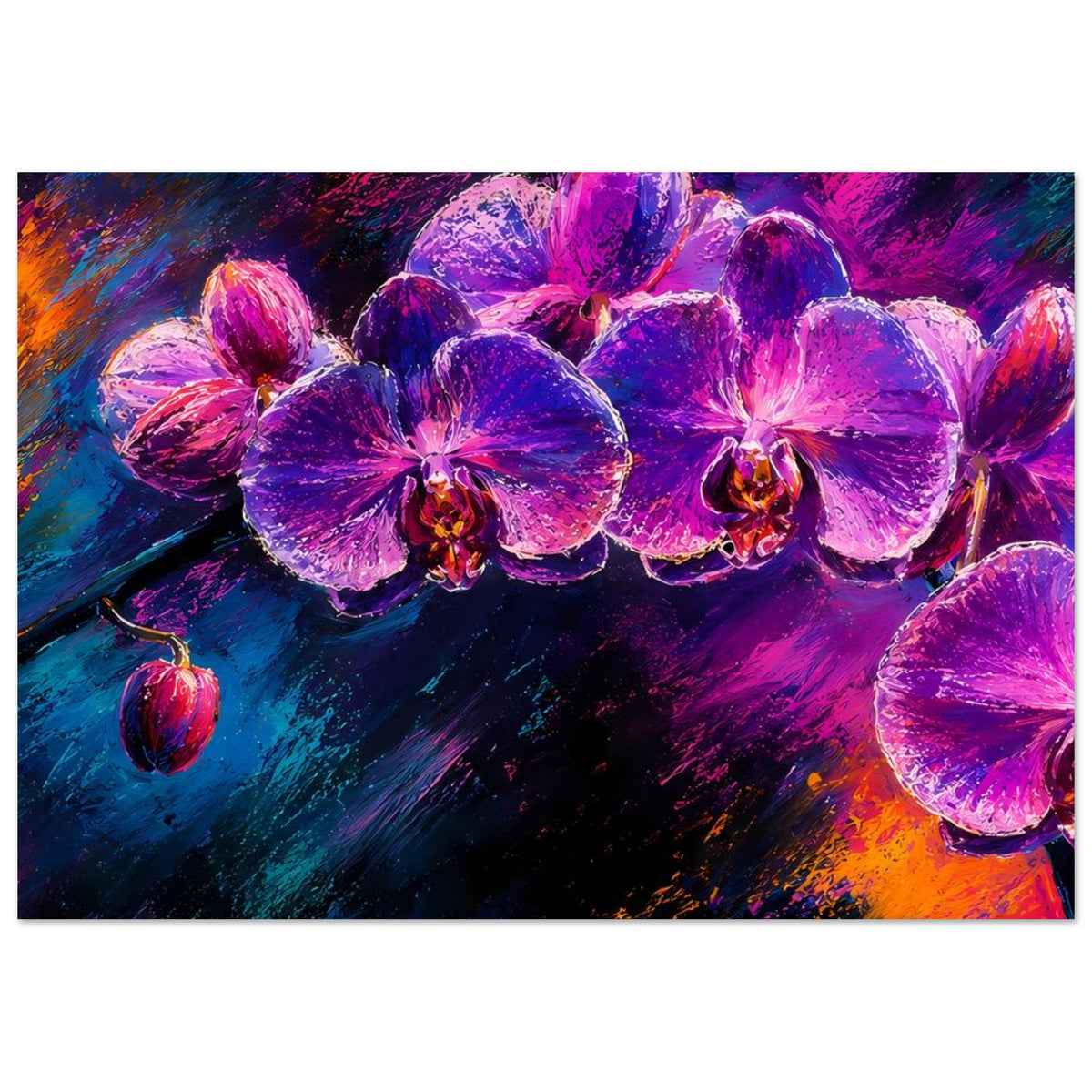 Blumenposter mit violetten Orchideenblüten und kräftigen Farbstreifen, im Querformat