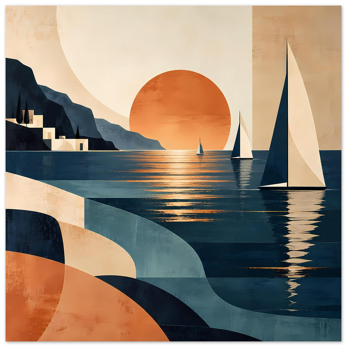Poster mit Sonnenuntergangs-Meerblick: Segelboote, Spiegelungen und warmes Blau-Orange Farbkonzept