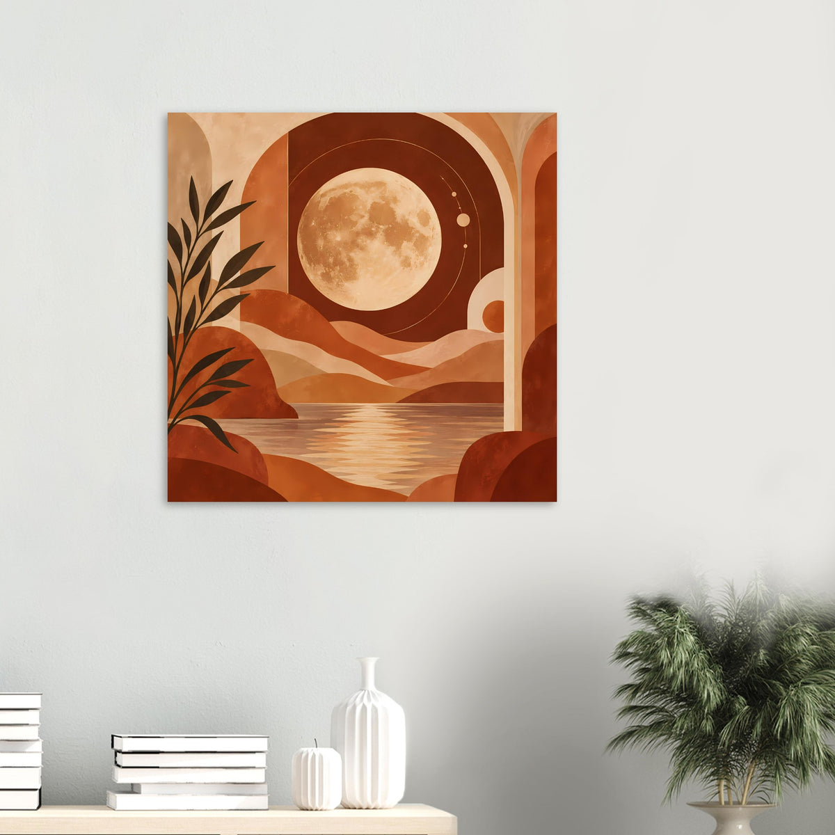 Quadratisches Boho-Poster: Vollmond, Kreislinien und Oase mit Dünen, warmen Terrakottafarben