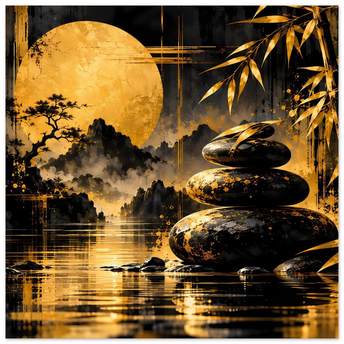 Zen-Harmonie-Poster mit goldener Mondsichel, schwarzen Steinen und Bambuszweigen