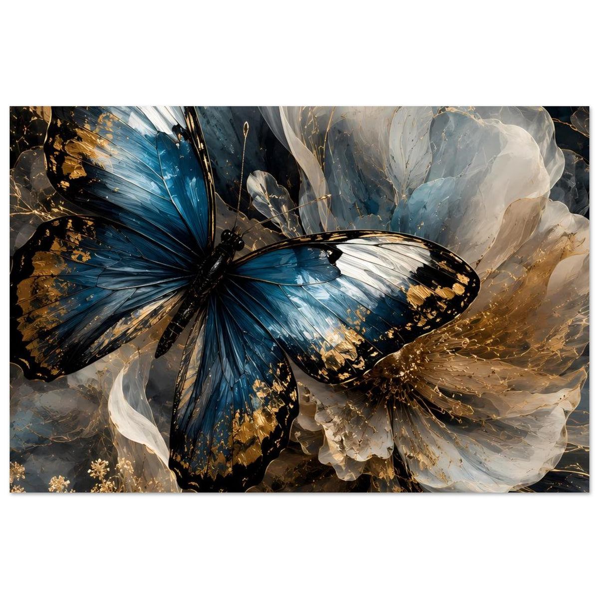Poster mit blauem Schmetterling und dramatischen weißen Flügeln, goldene Akzente