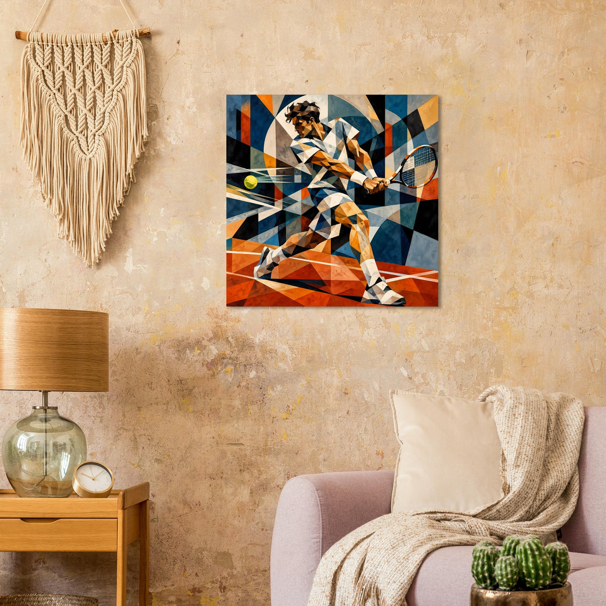 Quadratisches Tennis-Kunstposter mit abstrakter Spielszene in Blau, Orange und Beige