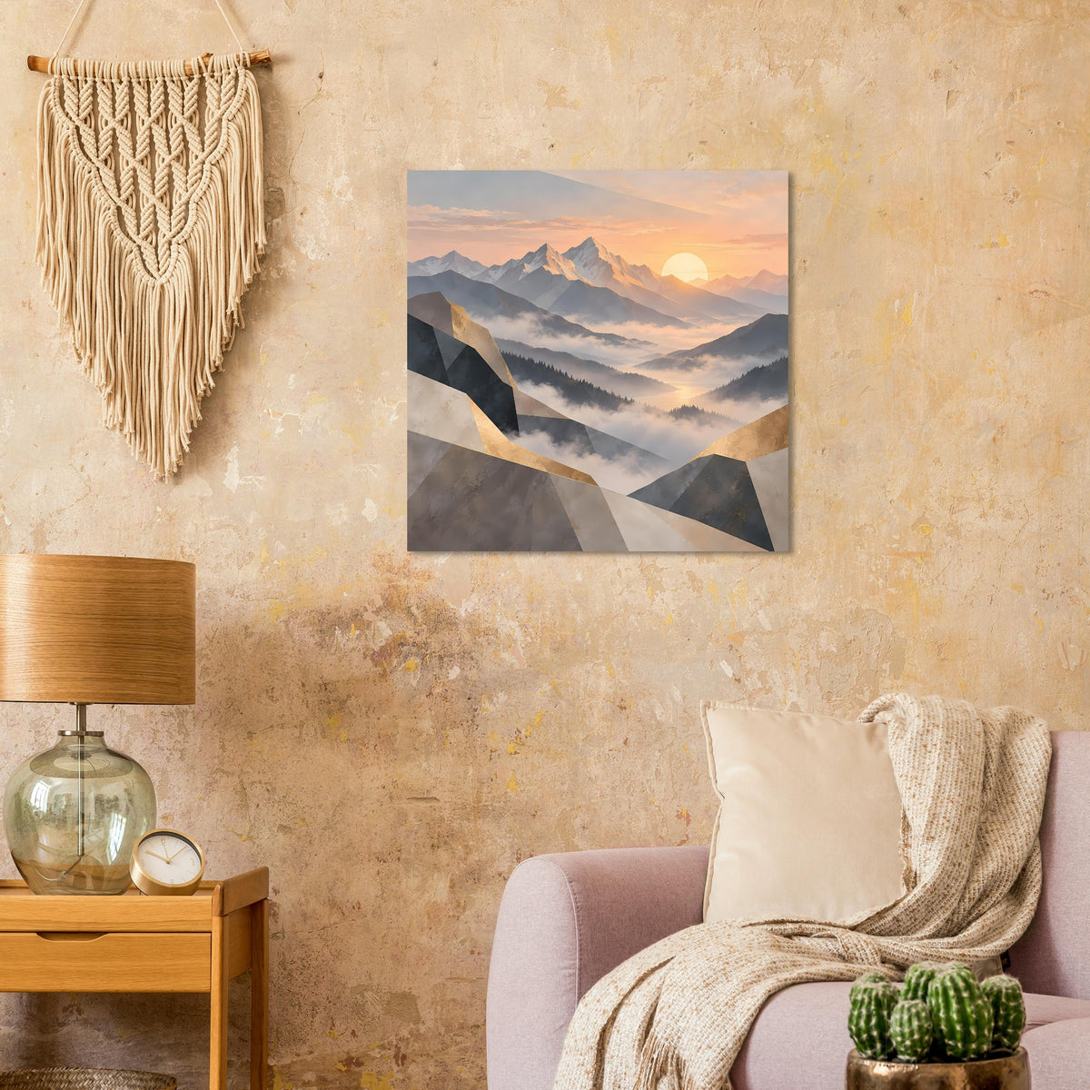 Quadratisches Wandposter mit Bergsonnenaufgang und geometrischen Flächen in Pastell und Gold
