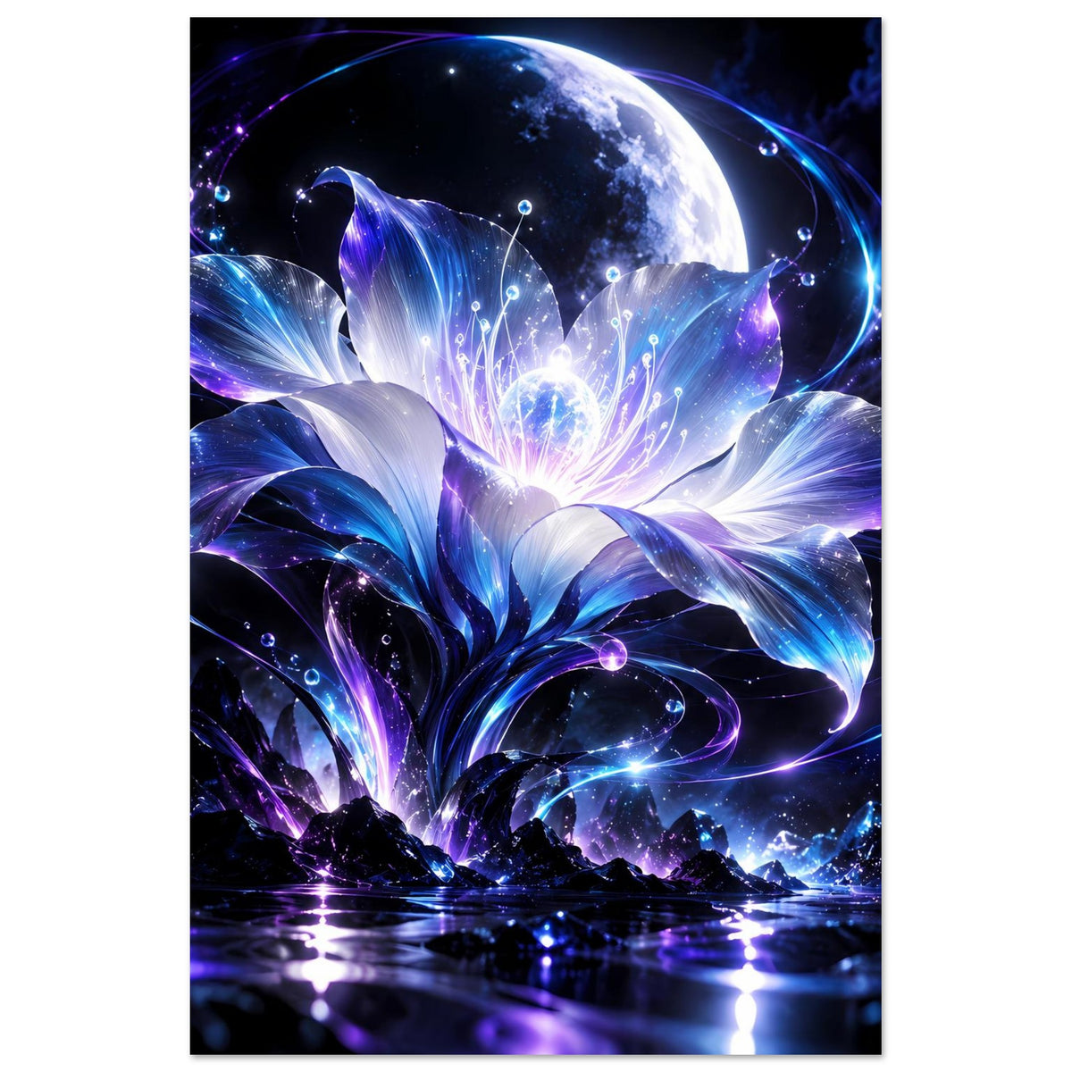 Hochformatiges Poster: Mond über surrealer Blüte, violette und blaue Lichtlinien