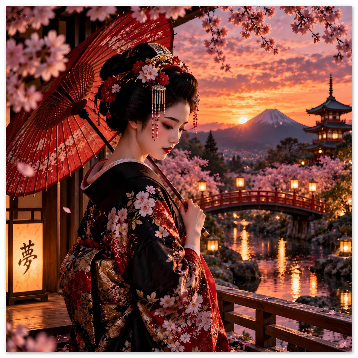 Poster mit japanischer Frau im schwarzen Kimono mit Kirschblüten, rotem Schirm