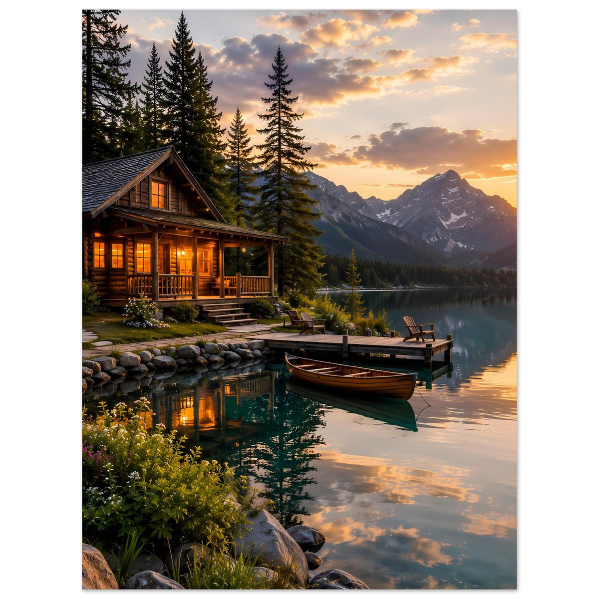 Landschafts-Poster im Hochformat: See, Blockhütte und Berge bei Sonnenuntergang