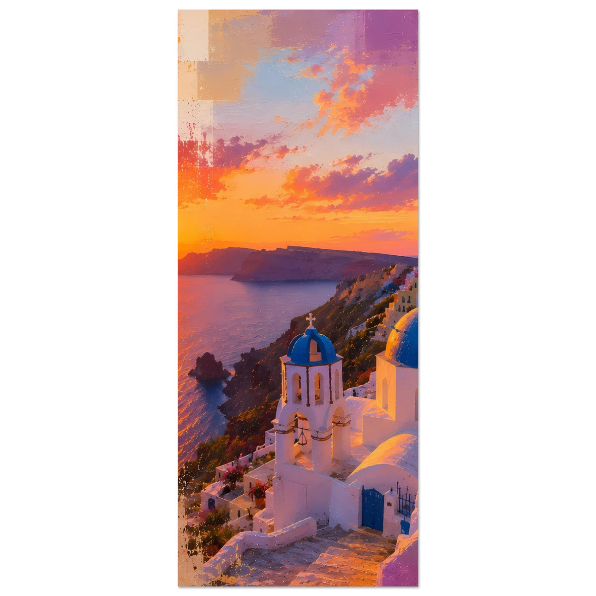 Hochformatiges Poster mit Santorini-Sonnenuntergang, Meer und weißen Häusern, blaue Kuppeln