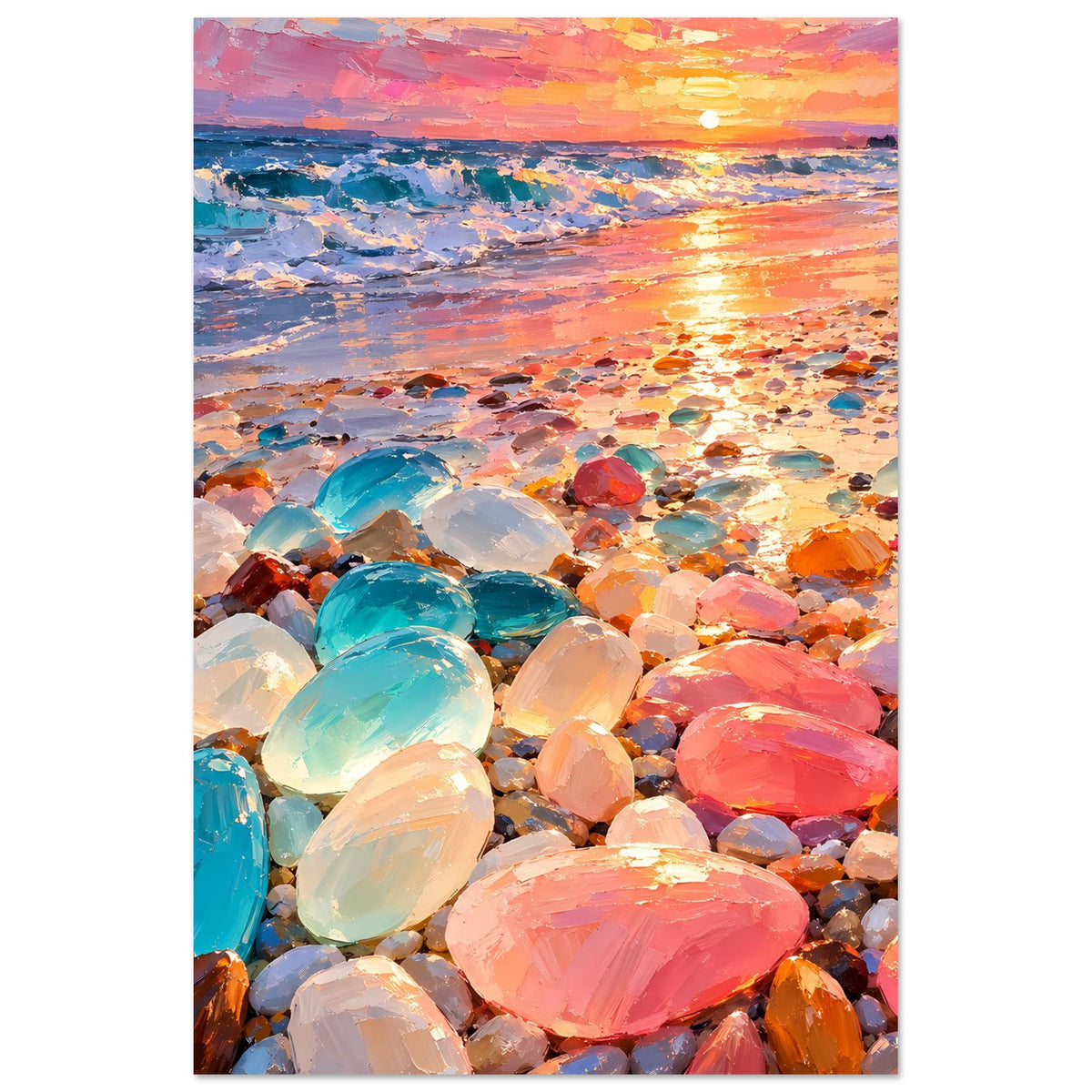 Wandposter (hochkant) mit Sonnenuntergang über bunten Kieselsteinen am Strand