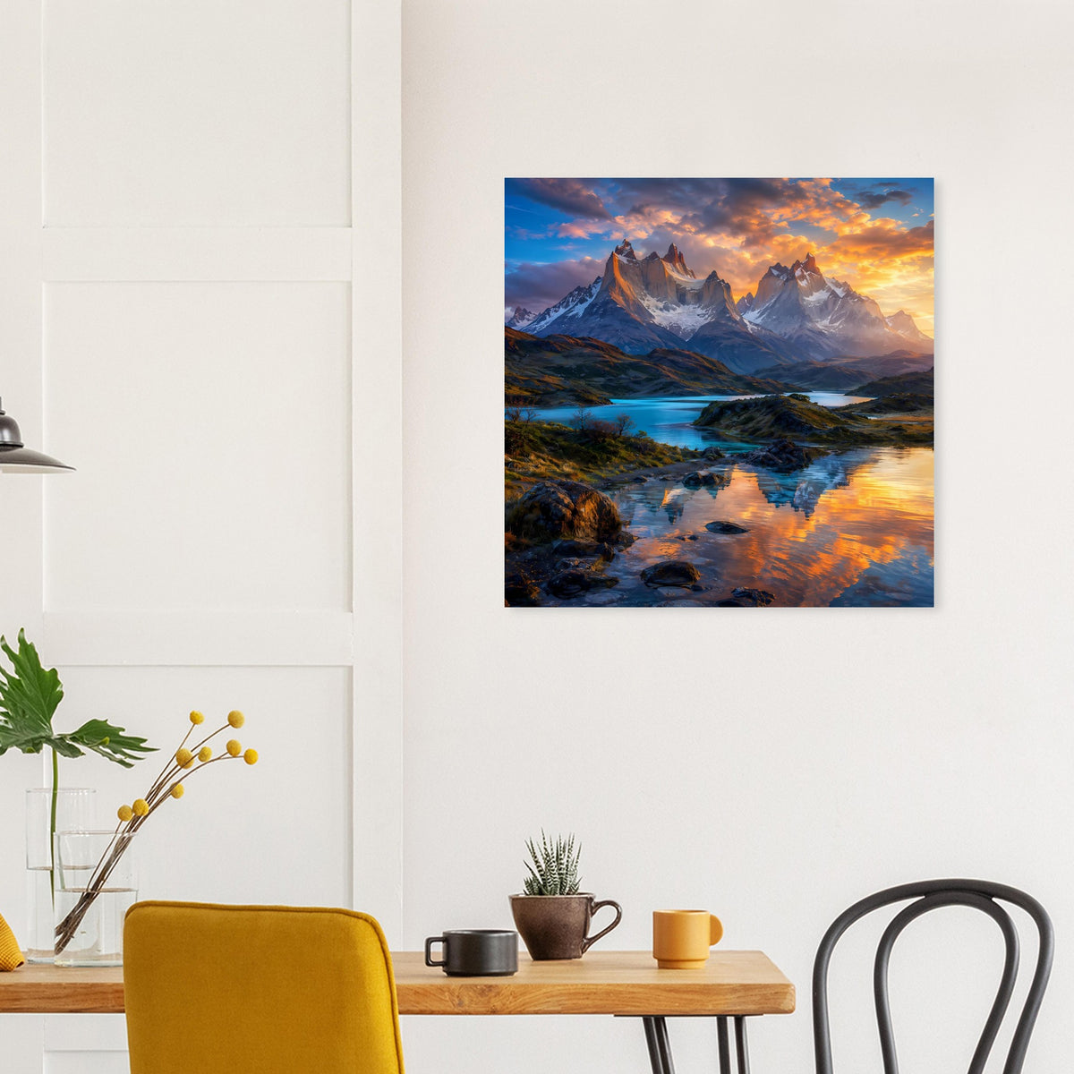 Poster mit Bergmassiv, Flusslandschaft und Sonnenuntergang über dunklen Felsen, blauer Rand