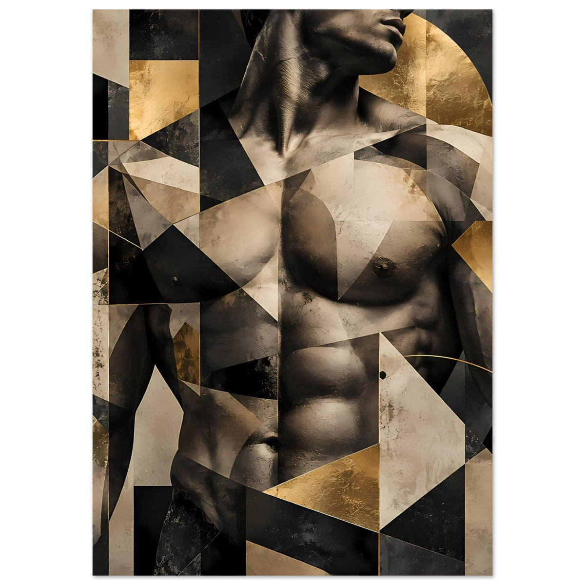Abstraktes Aktposter mit Aktfigur im Collage-Stil, geometrisch in Schwarz, Beige und Gold
